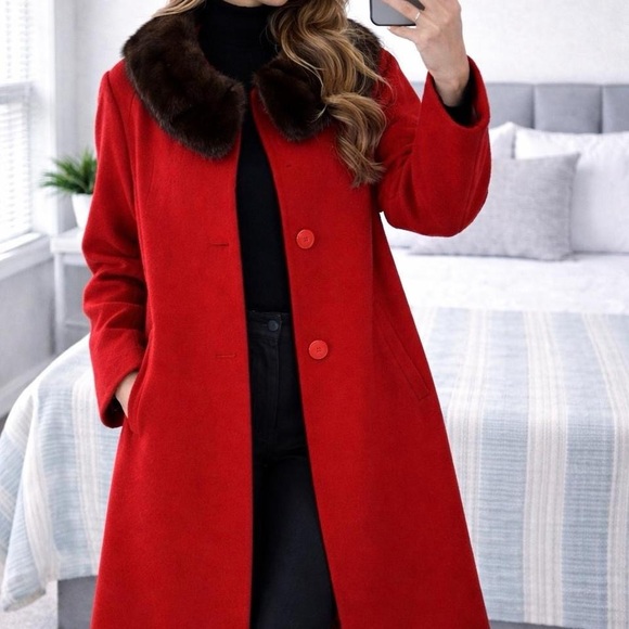 Source Unknown Jackets & Blazers - VINTAGE Red Trench Coat with REAL Fur Collar